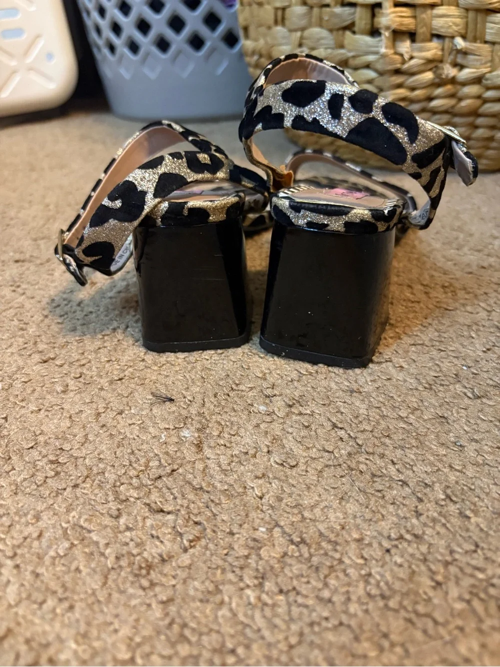 Betsey Johnson Black and Gold Leopard Print Block Heel Sandals